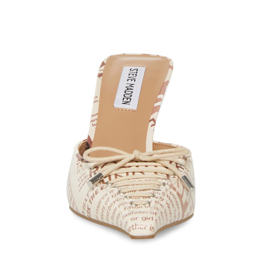 White Steve Madden Brianne Newspaper Print Women's Mules | PH 6497HUX